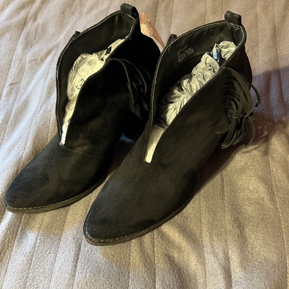Black Suede Ankle Boots with Fringe